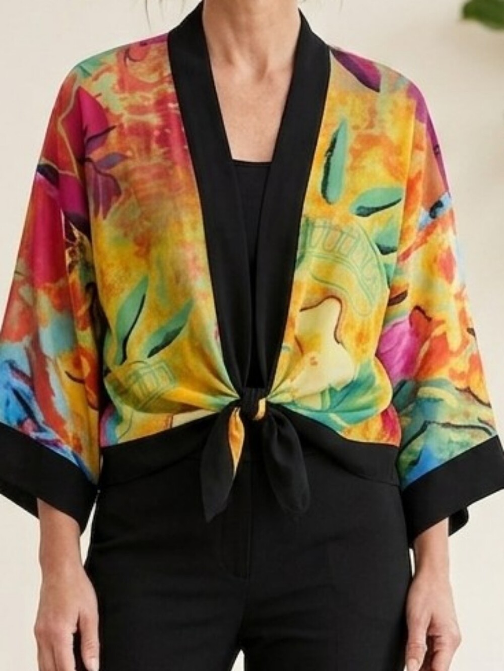 Chico's 100% Silk Abstract Tropical Kimono Top Cardigan Tie Front Size 2 (US L)